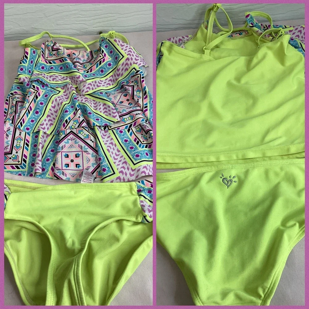 Justice Girls Neon Yellow & Pastel Geo Tankini Swim Set.48